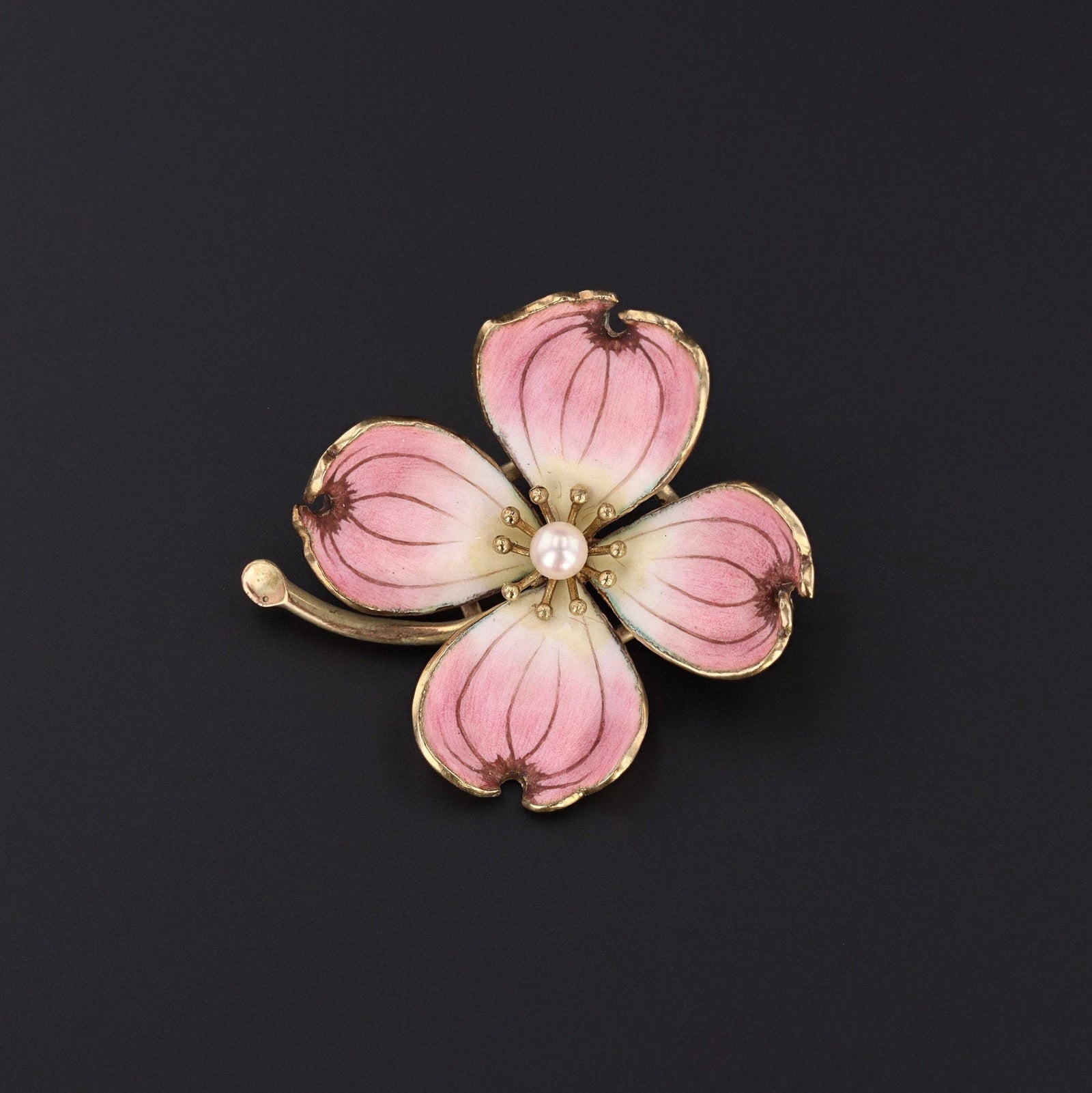 Dogwood Brooch | 14k Gold & Pink Enamel Flower Brooch - Trademark Antiques