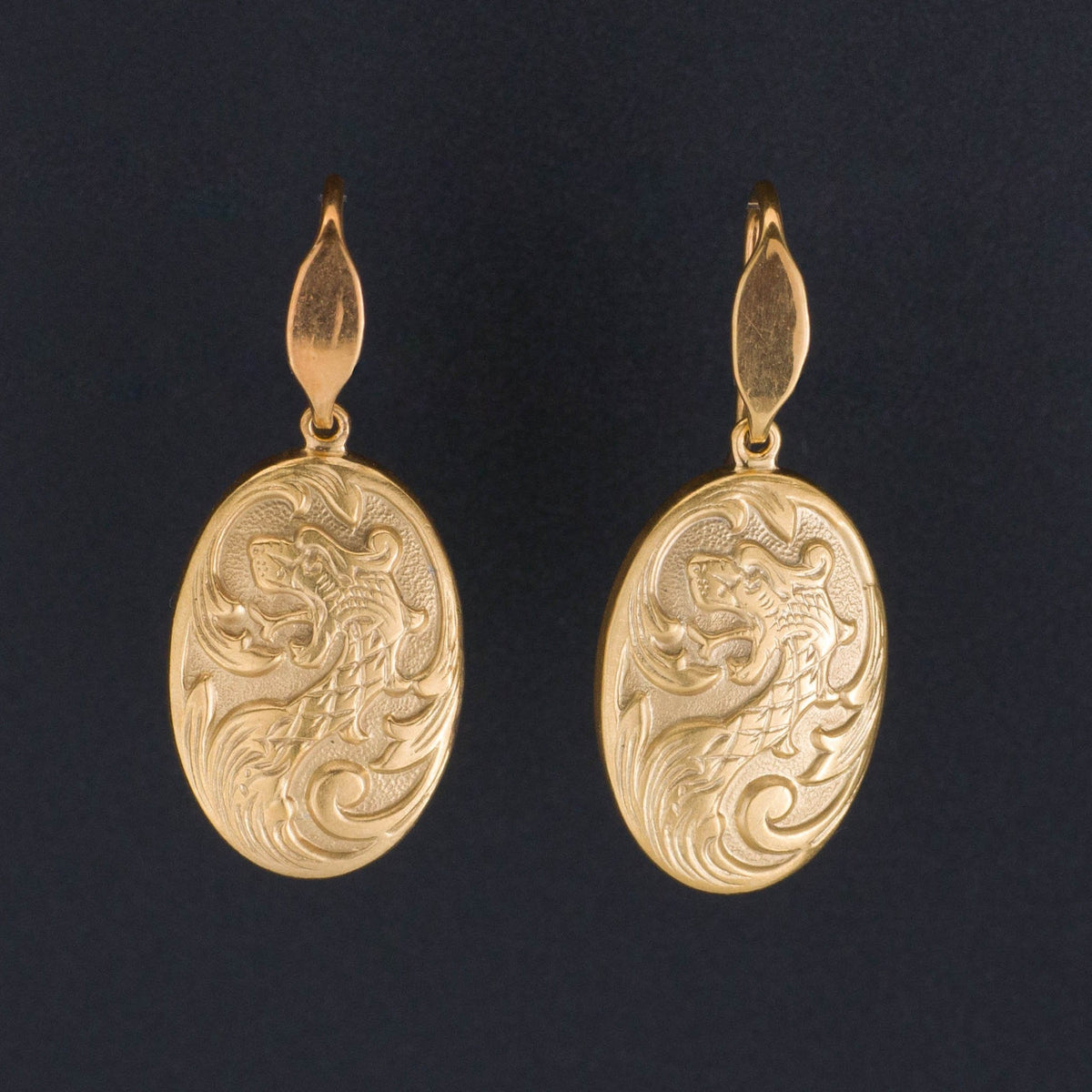 Dragon Earrings | Antique Cufflink Conversion Earrings - Trademark Antiques
