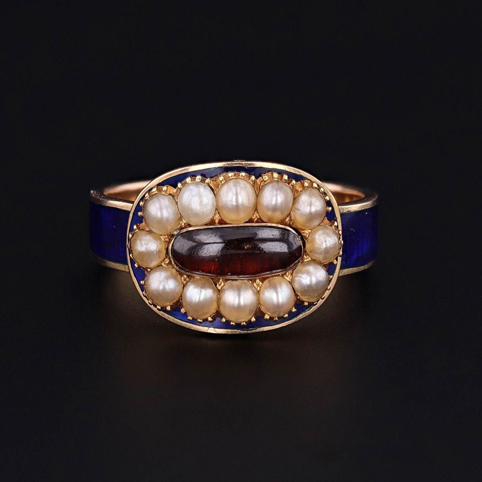 Early Victorian Enamel Pearl and Garnet Ring of 14k Gold - Trademark Antiques