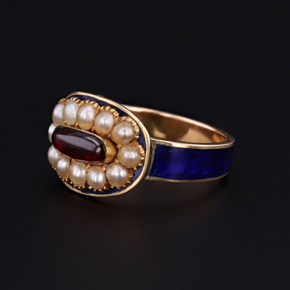 Early Victorian Enamel Pearl and Garnet Ring of 14k Gold - Trademark Antiques