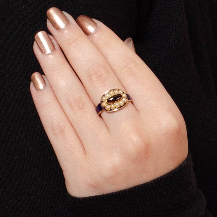Early Victorian Enamel Pearl and Garnet Ring of 14k Gold - Trademark Antiques
