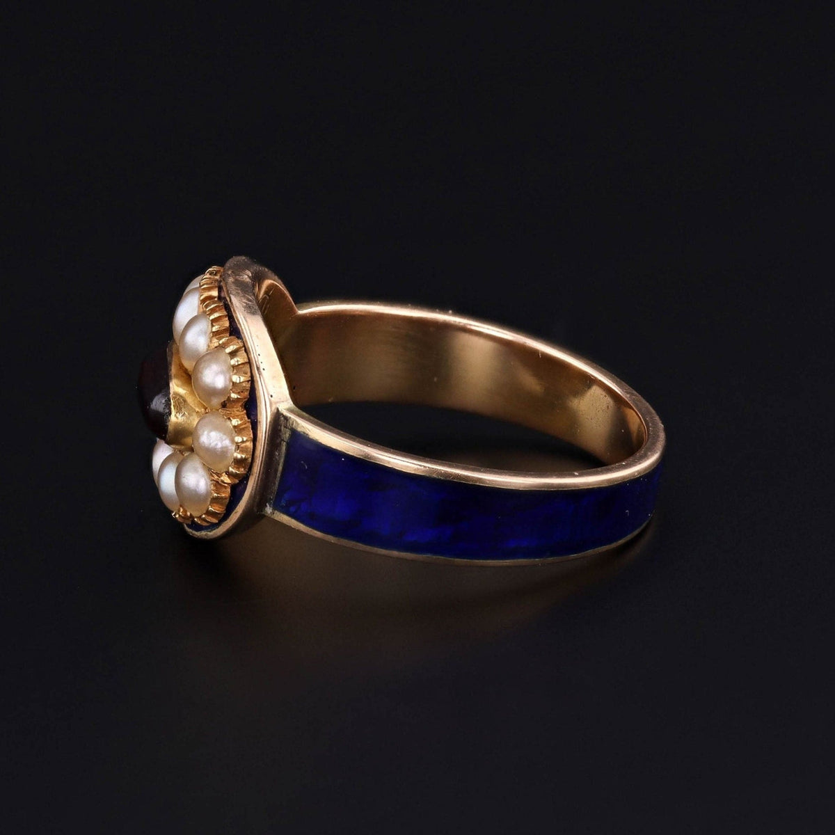 Early Victorian Enamel Pearl and Garnet Ring of 14k Gold - Trademark Antiques