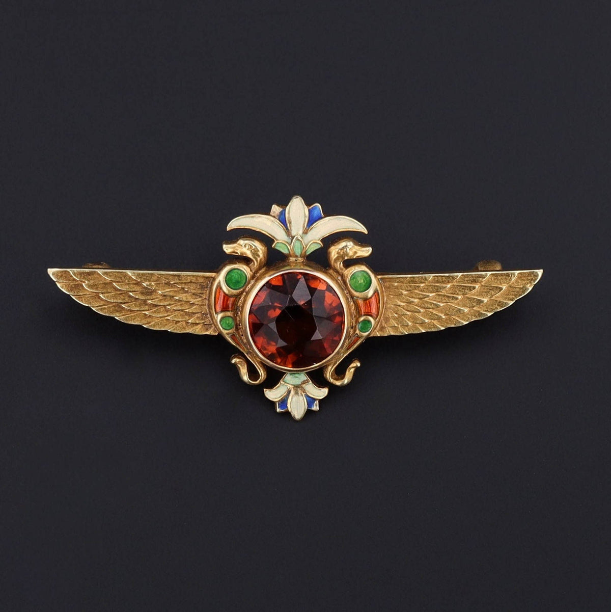 Egyptian Revival Brooch | 14k Gold, Citrine &amp; Enamel Brooch - Trademark Antiques