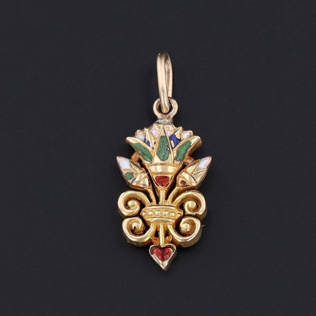 Egyptian Revival Lotus Charm | 14k Gold &amp; Enamel Charm - Trademark Antiques