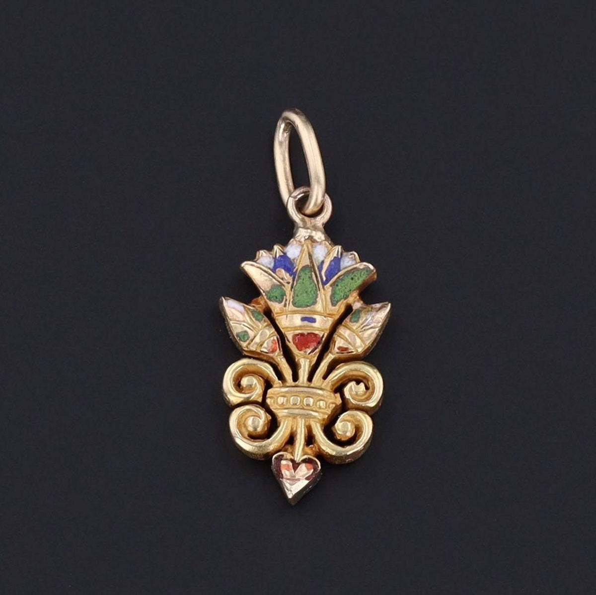 Egyptian Revival Lotus Charm | 14k Gold &amp; Enamel Charm - Trademark Antiques
