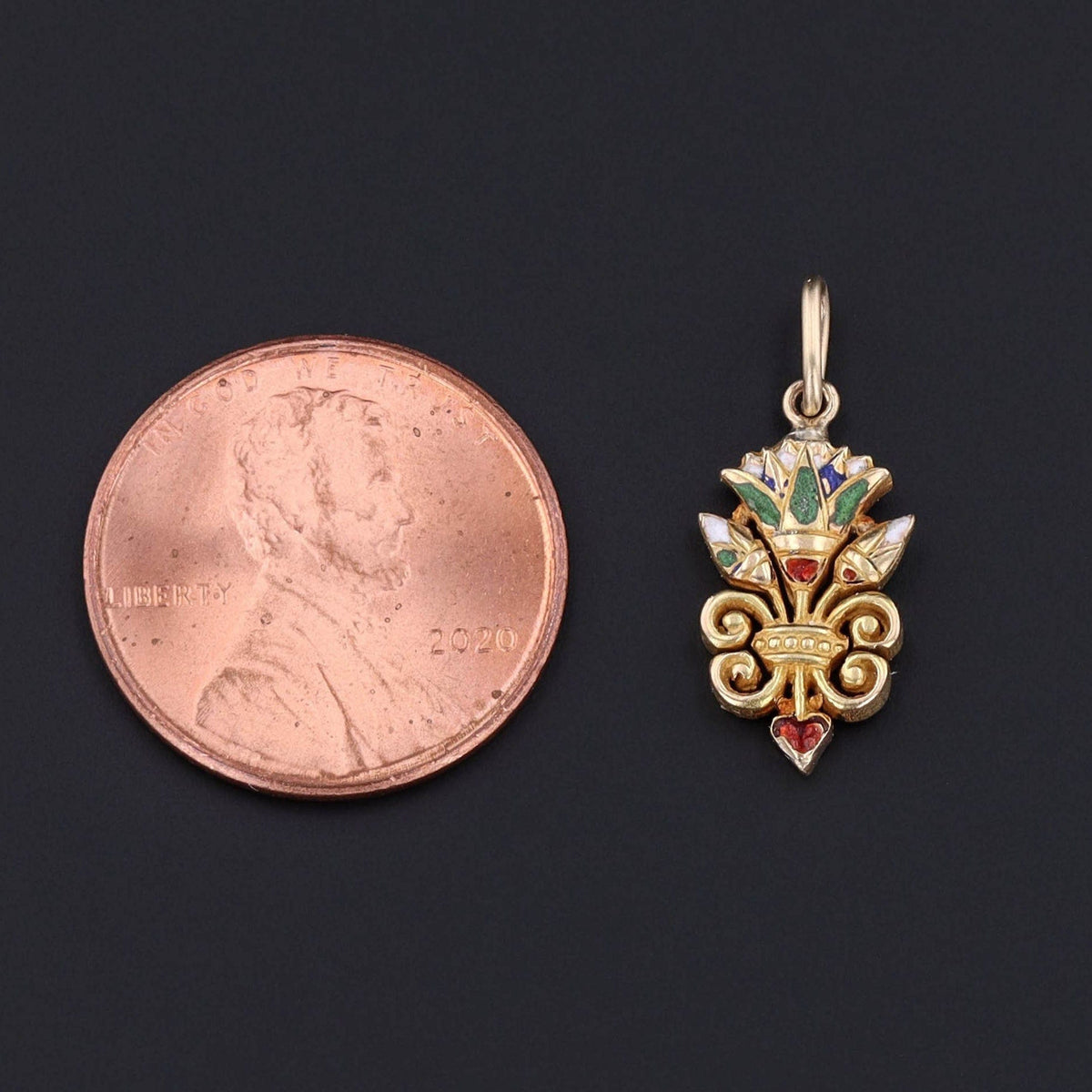 Egyptian Revival Lotus Charm | 14k Gold &amp; Enamel Charm - Trademark Antiques