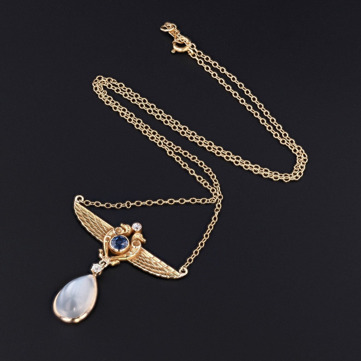Egyptian Revival Necklace | Sapphire Diamond &amp; Moonstone Necklace - Trademark Antiques
