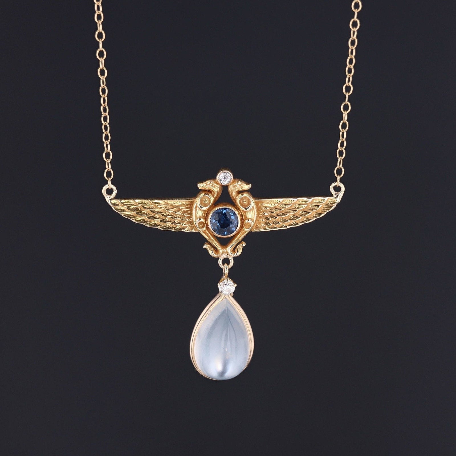 Egyptian Revival Necklace | Sapphire Diamond & Moonstone Necklace - Trademark Antiques