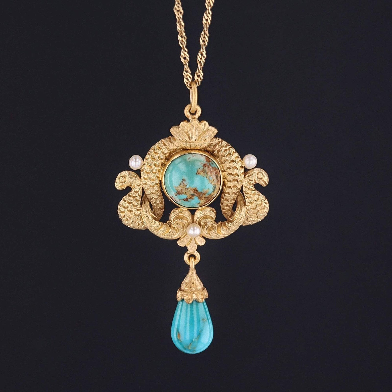 Egyptian Revival Pendant | Antique Gold & Turquoise Pendant - Trademark Antiques