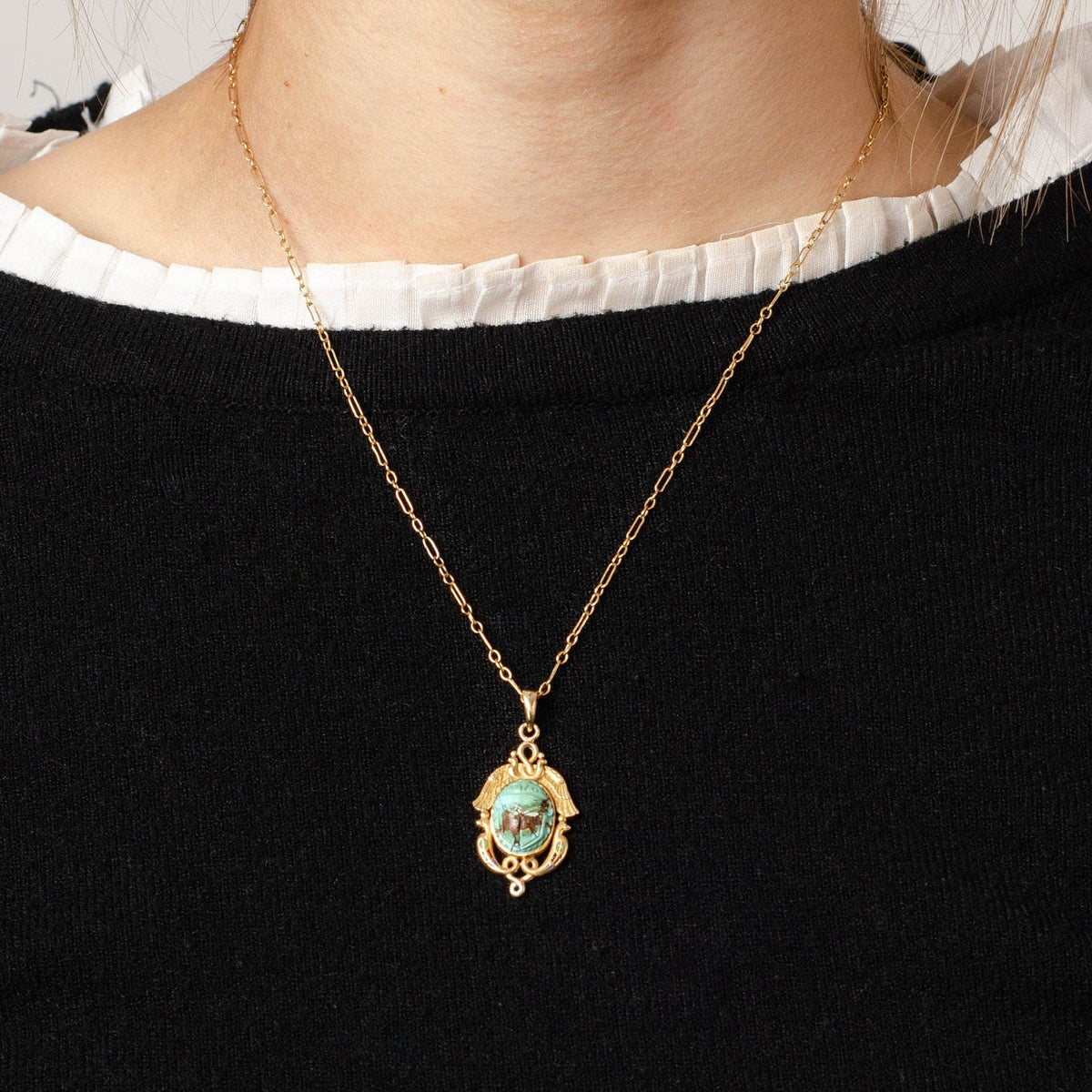Egyptian Revival Pendant | Antique Gold &amp; Turquoise Pendant - Trademark Antiques