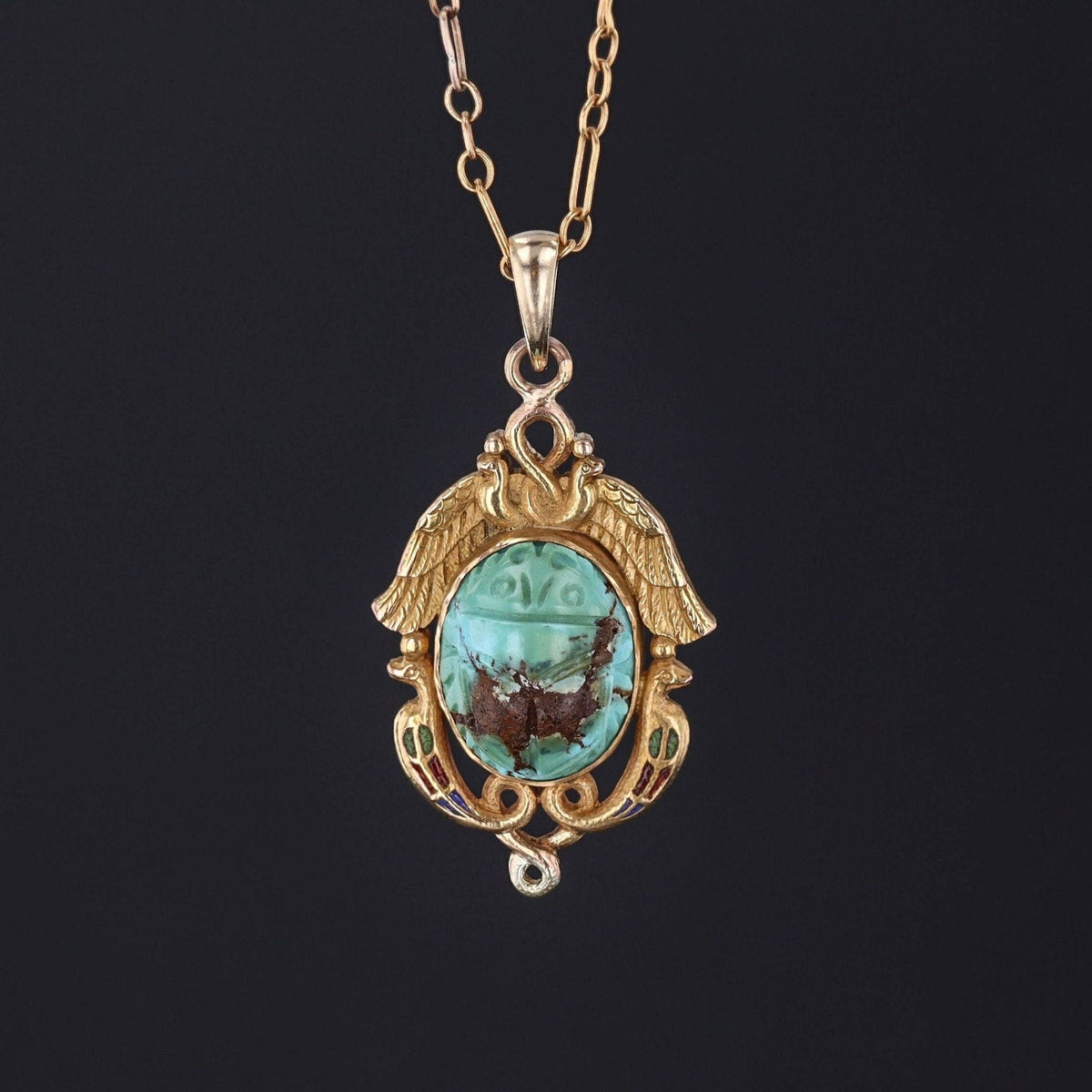 Egyptian Revival Pendant | Antique Gold &amp; Turquoise Pendant - Trademark Antiques