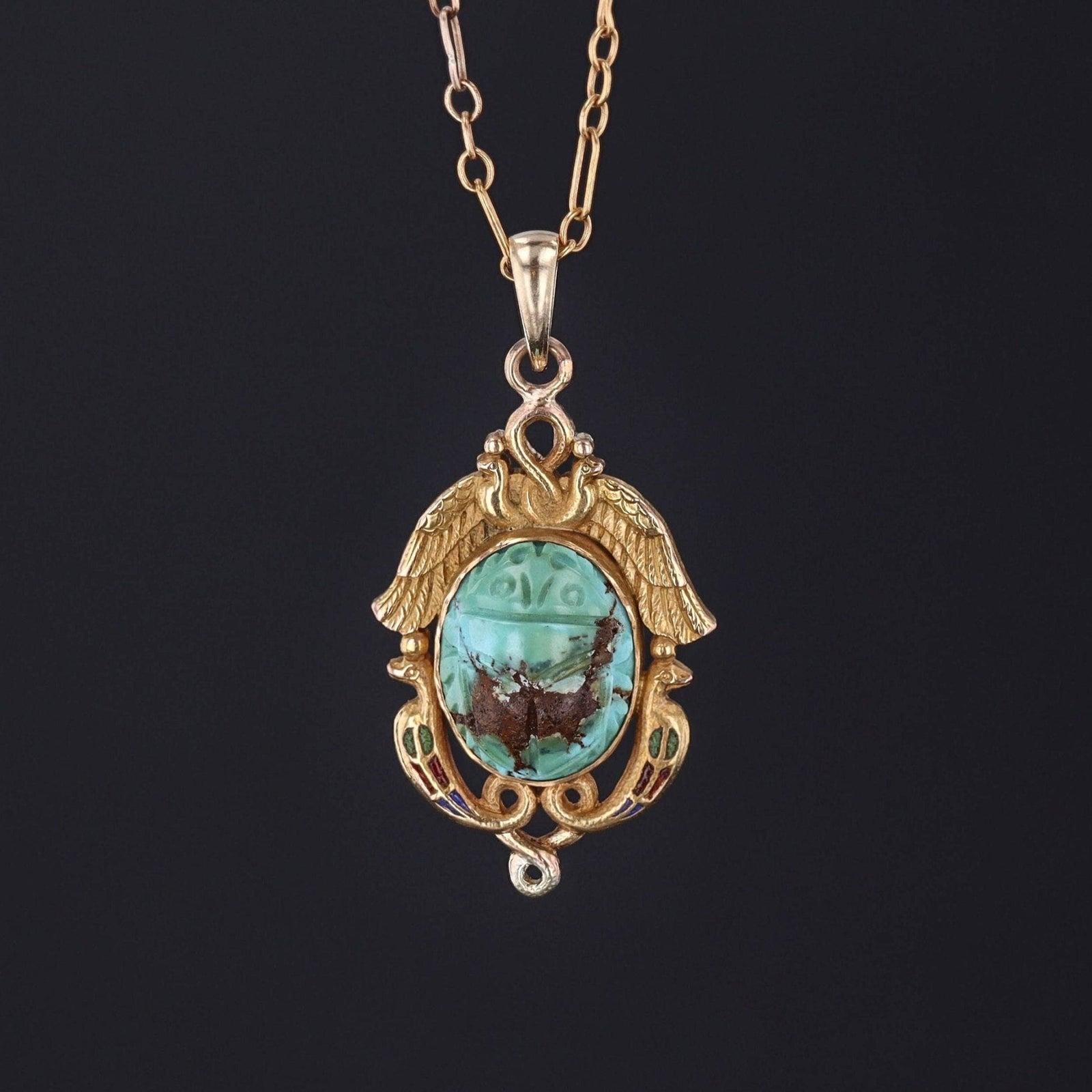 Egyptian Revival Pendant | Antique Gold & Turquoise Pendant - Trademark Antiques