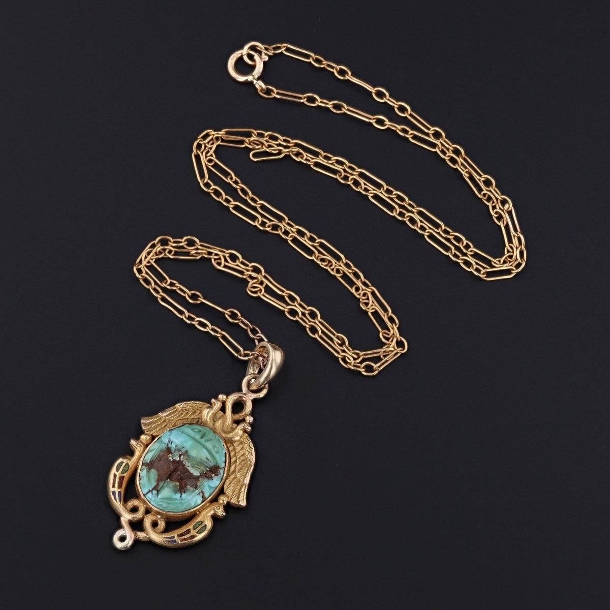 Egyptian Revival Pendant | Antique Gold &amp; Turquoise Pendant - Trademark Antiques