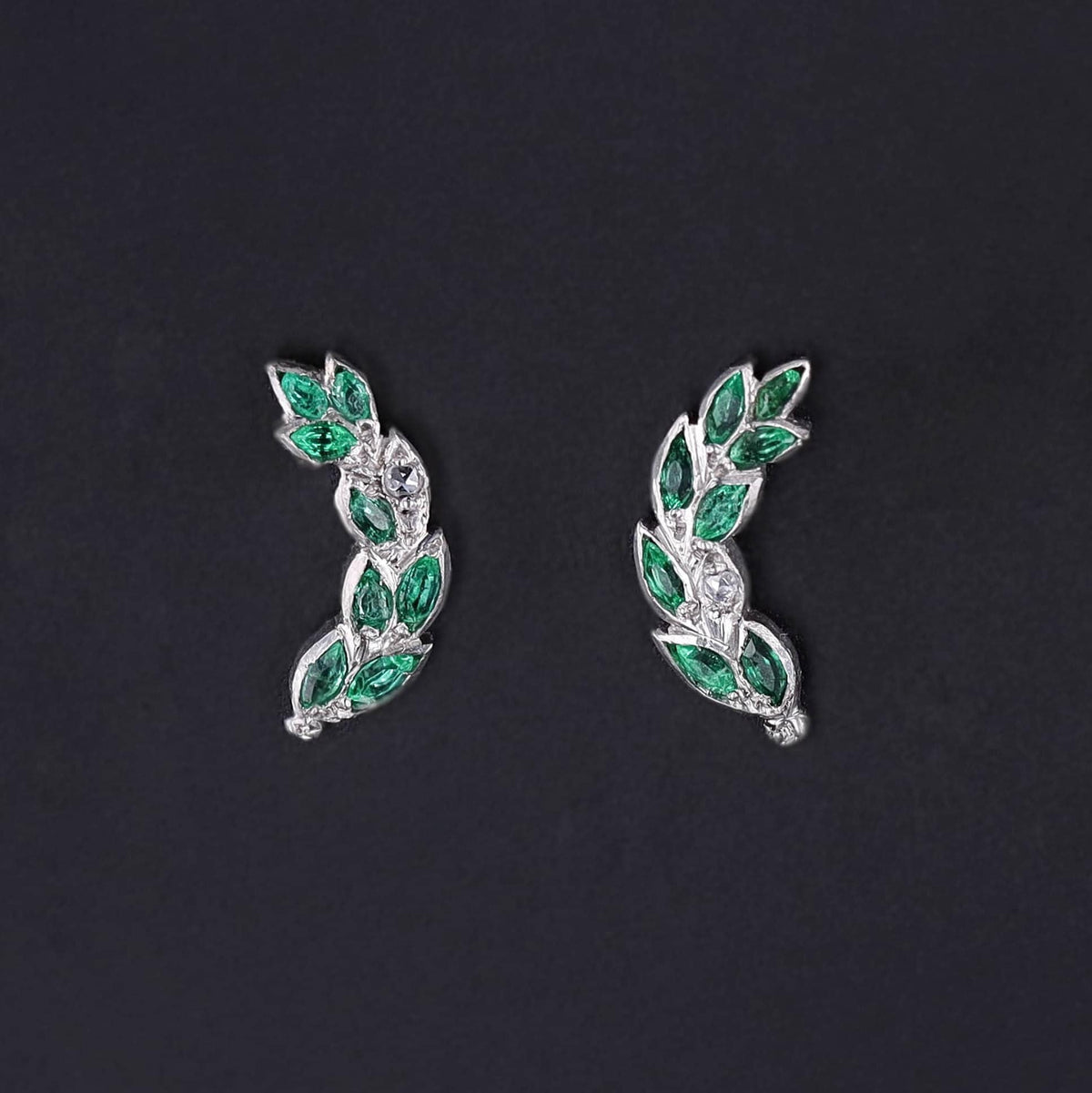Emerald and Diamond Climber Earrings of 18k White Gold - Trademark Antiques
