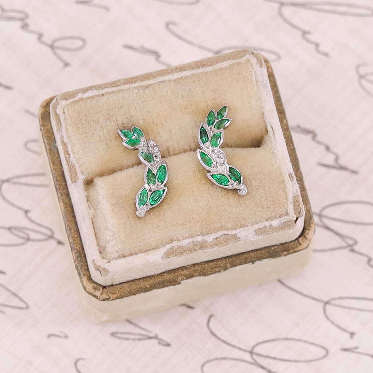 Emerald and Diamond Climber Earrings of 18k White Gold - Trademark Antiques