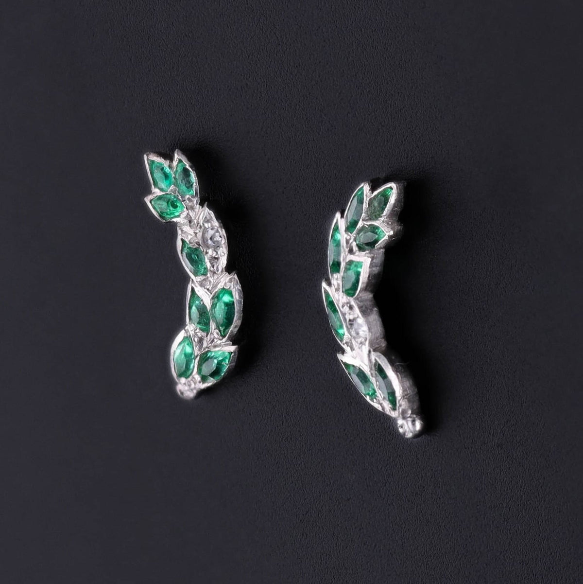 Emerald and Diamond Climber Earrings of 18k White Gold - Trademark Antiques