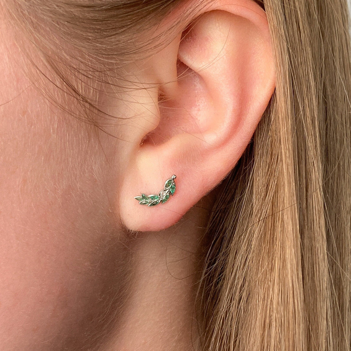 Emerald and Diamond Climber Earrings of 18k White Gold - Trademark Antiques