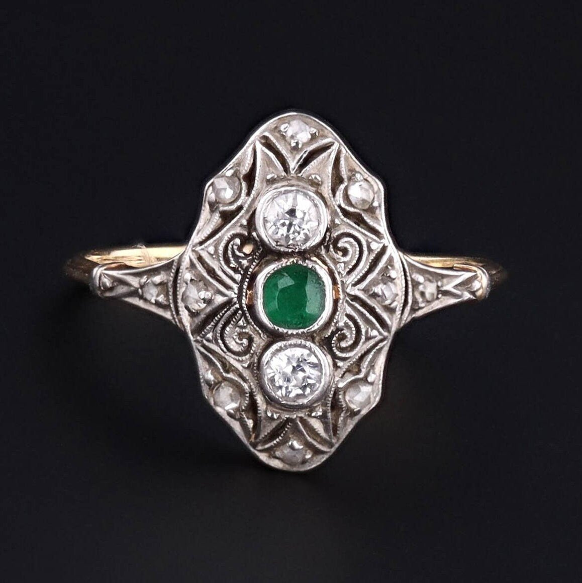Emerald and Diamond Ring | Platinum Topped 14k Gold Ring - Trademark Antiques