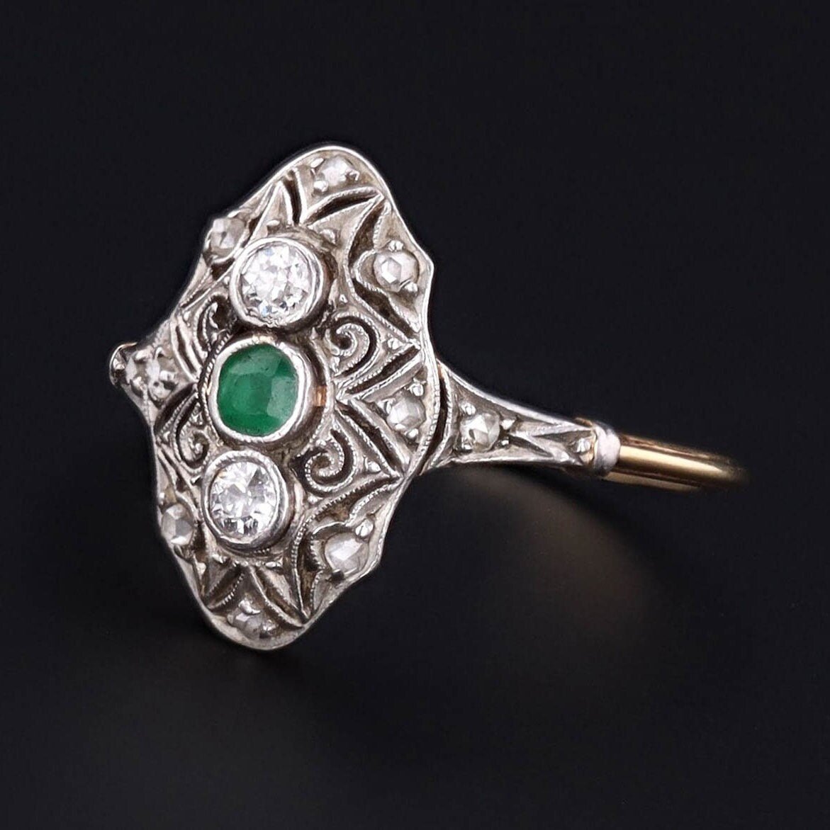 Emerald and Diamond Ring | Platinum Topped 14k Gold Ring - Trademark Antiques