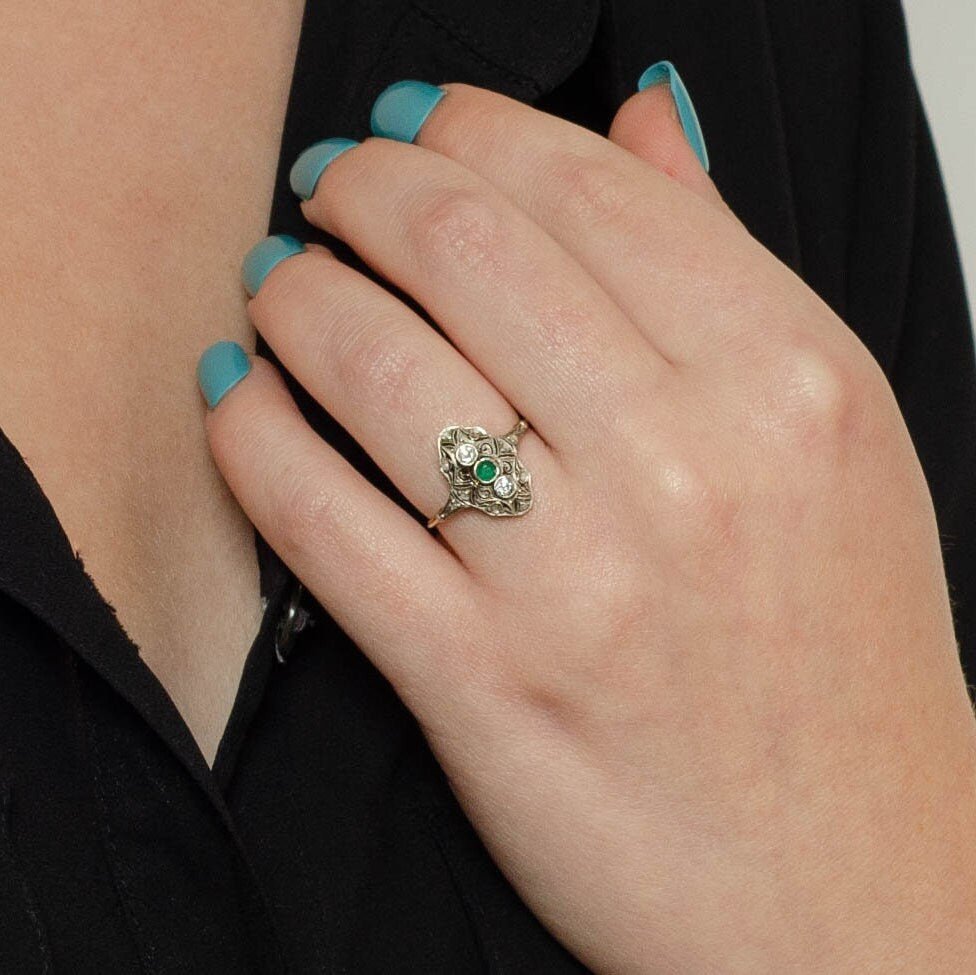Emerald and Diamond Ring | Platinum Topped 14k Gold Ring - Trademark Antiques