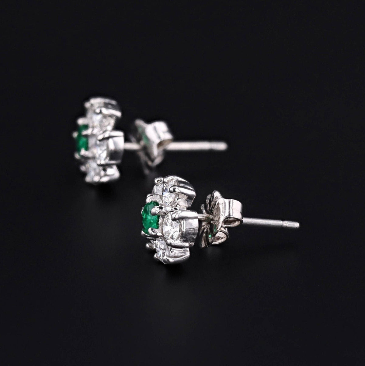 Emerald &amp; Diamond Flower Earrings | Platinum and 14k White Gold Earrings - Trademark Antiques