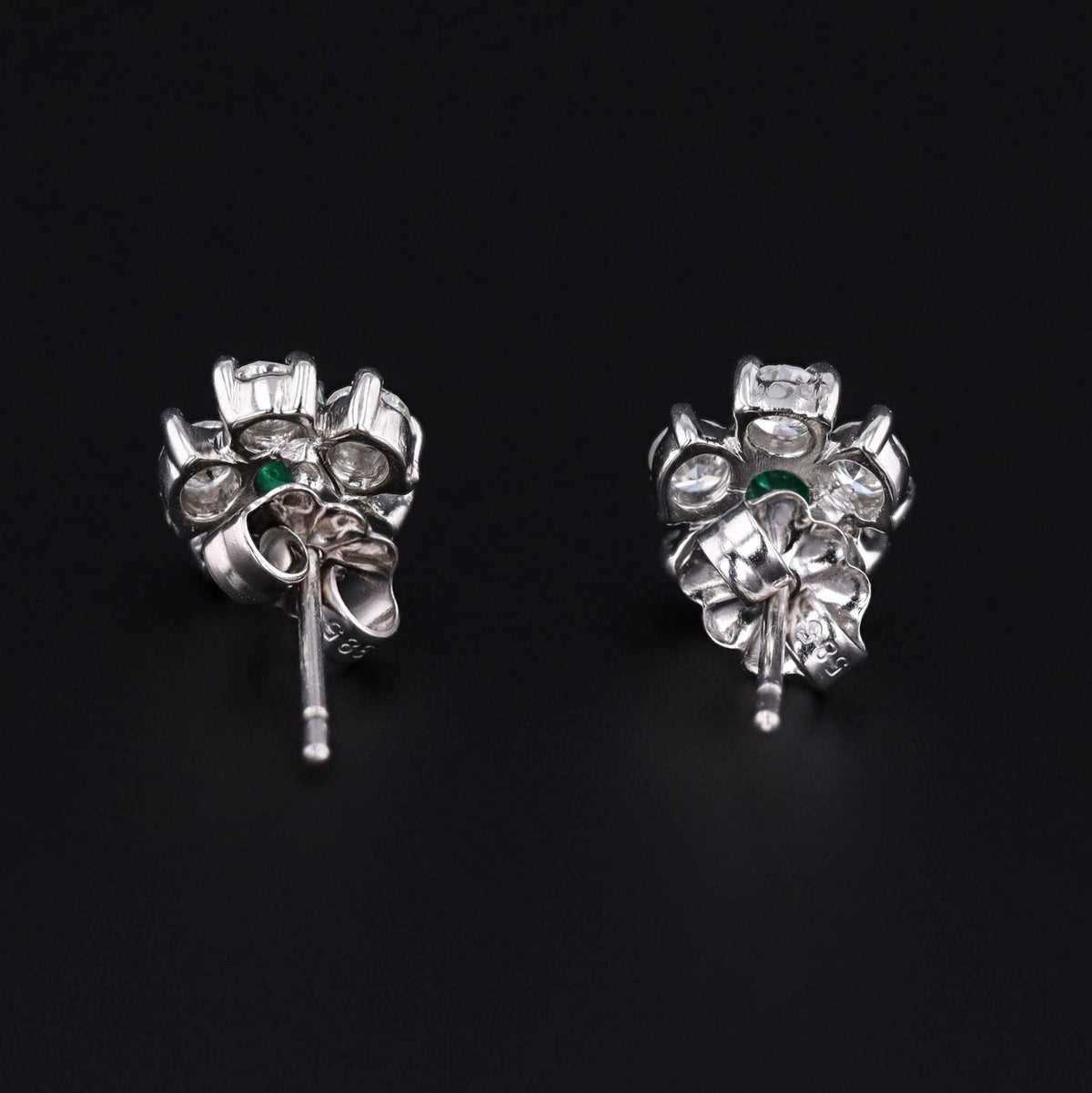 Emerald &amp; Diamond Flower Earrings | Platinum and 14k White Gold Earrings - Trademark Antiques