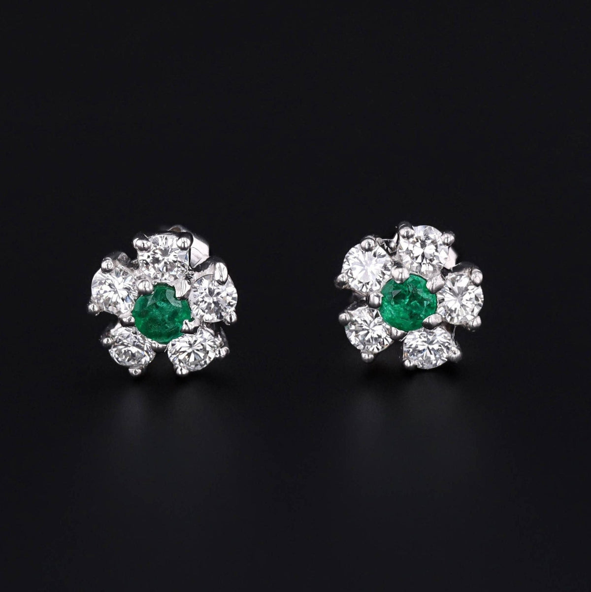 Emerald &amp; Diamond Flower Earrings | Platinum and 14k White Gold Earrings - Trademark Antiques