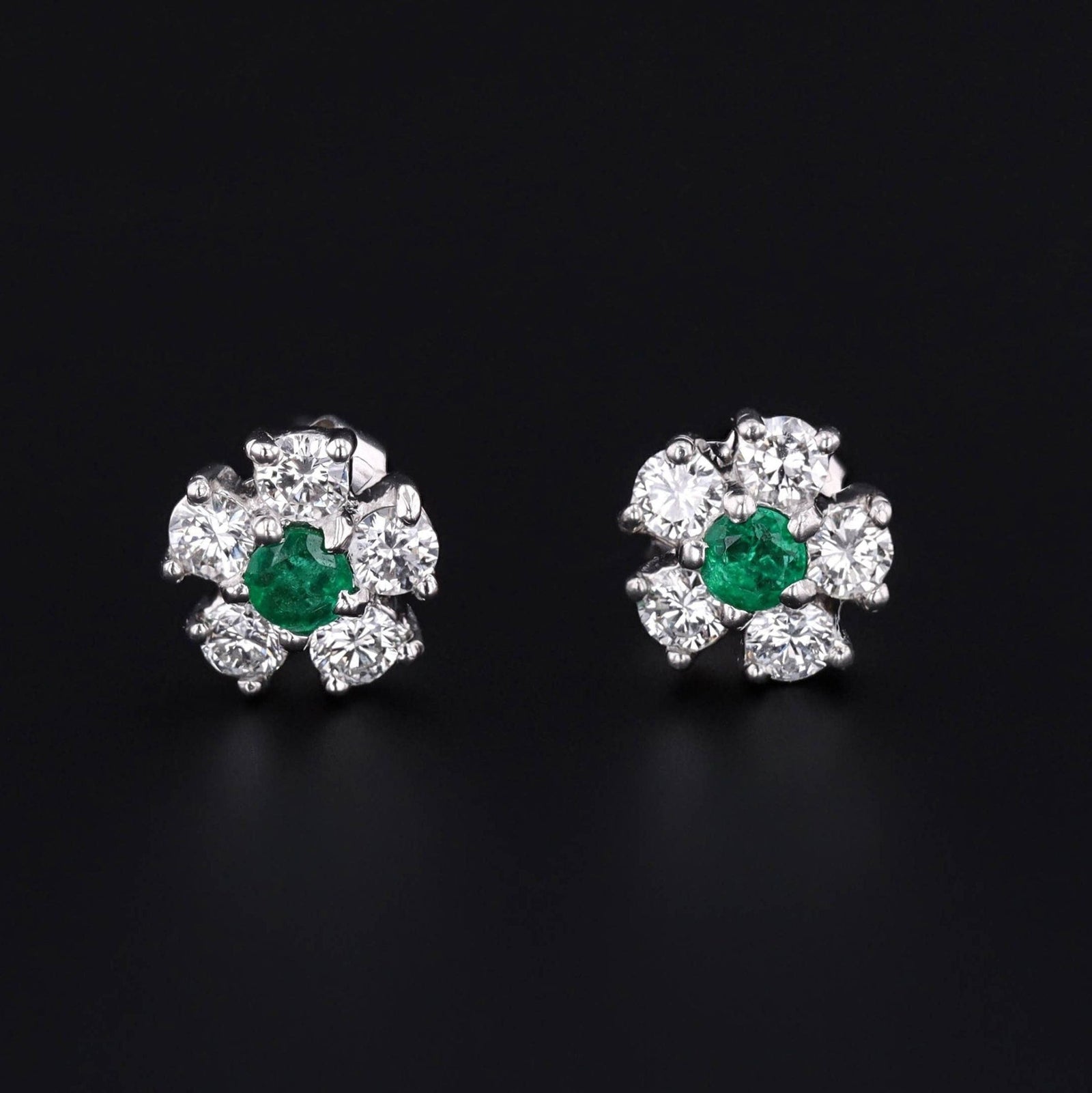 Emerald & Diamond Flower Earrings | Platinum and 14k White Gold Earrings - Trademark Antiques