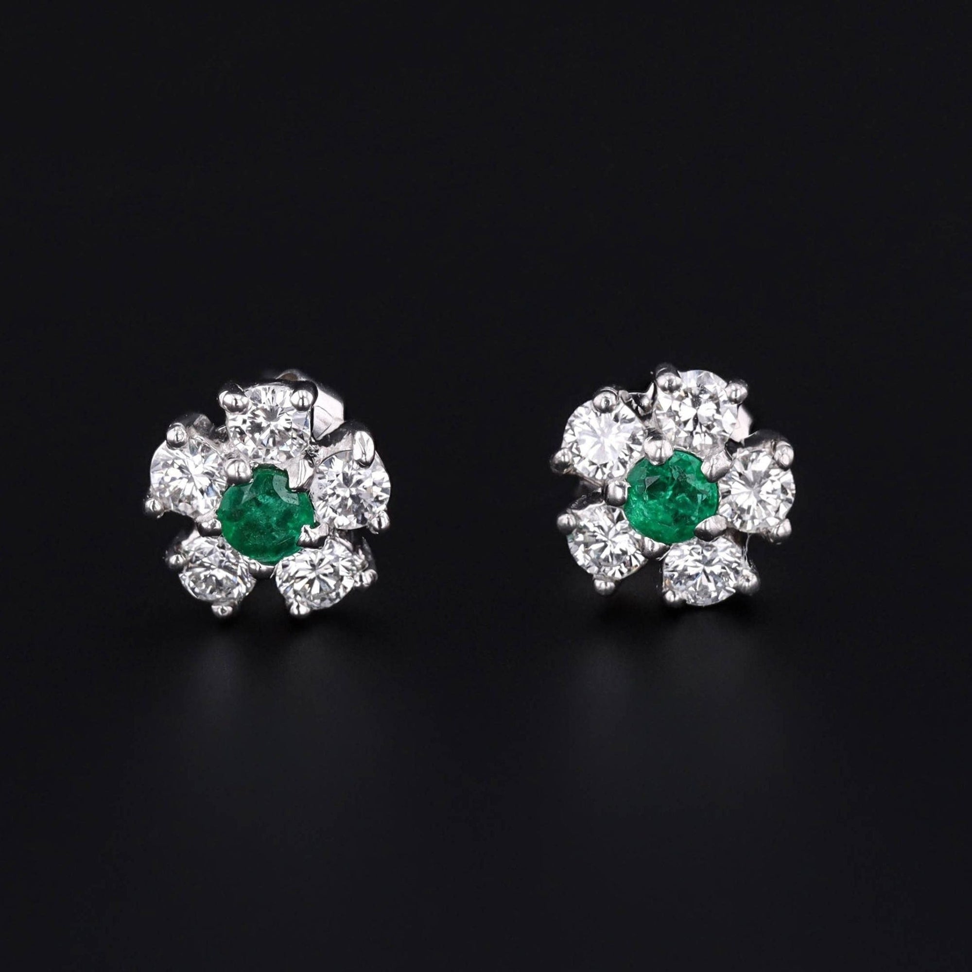 Emerald & Diamond Flower Earrings | Platinum and 14k White Gold Earrings - Trademark Antiques
