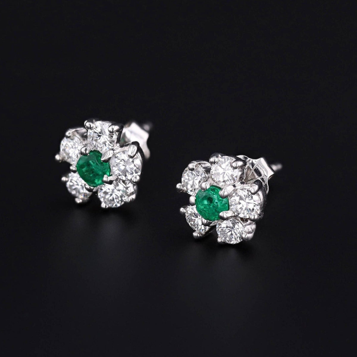 Emerald &amp; Diamond Flower Earrings | Platinum and 14k White Gold Earrings - Trademark Antiques