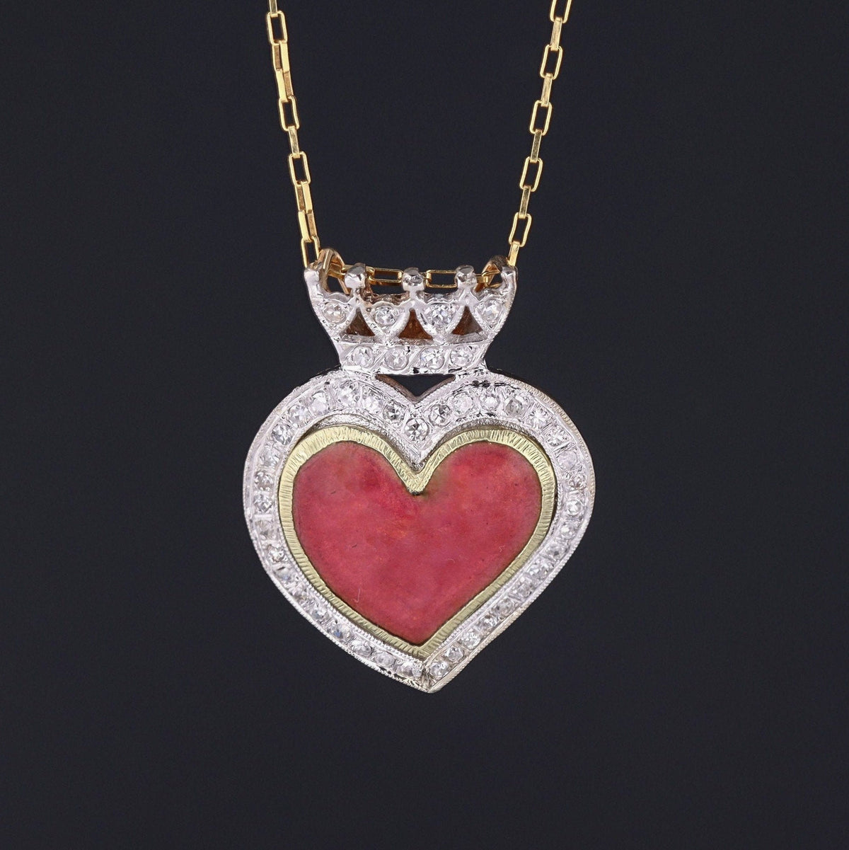 Enamel &amp; Diamond Crowned Heart Pendant | Antique Enamel Heart - Trademark Antiques