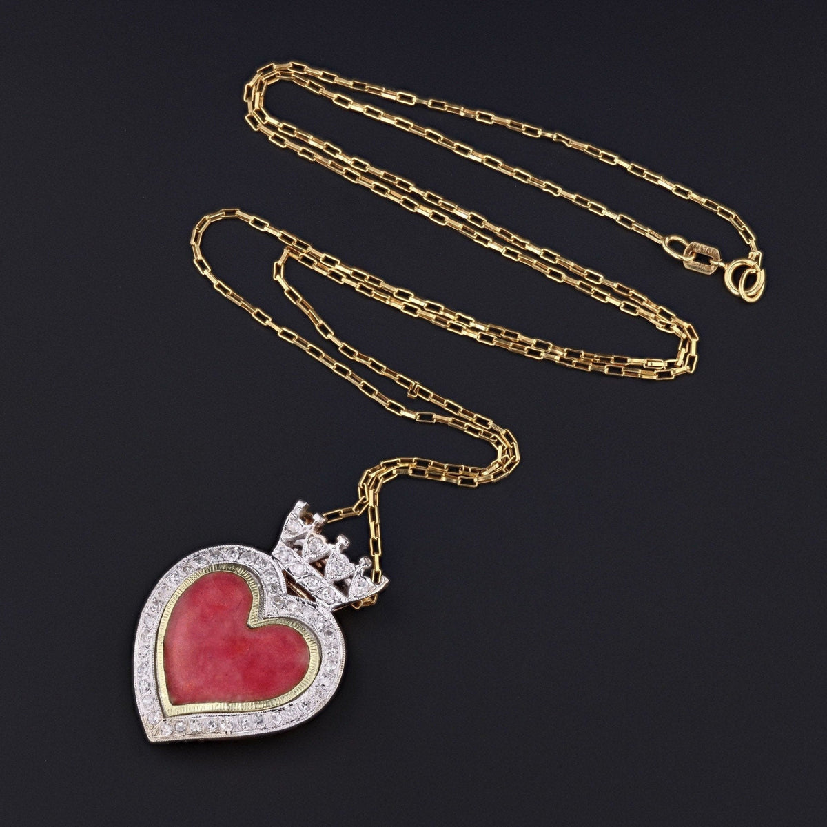 Enamel &amp; Diamond Crowned Heart Pendant | Antique Enamel Heart - Trademark Antiques