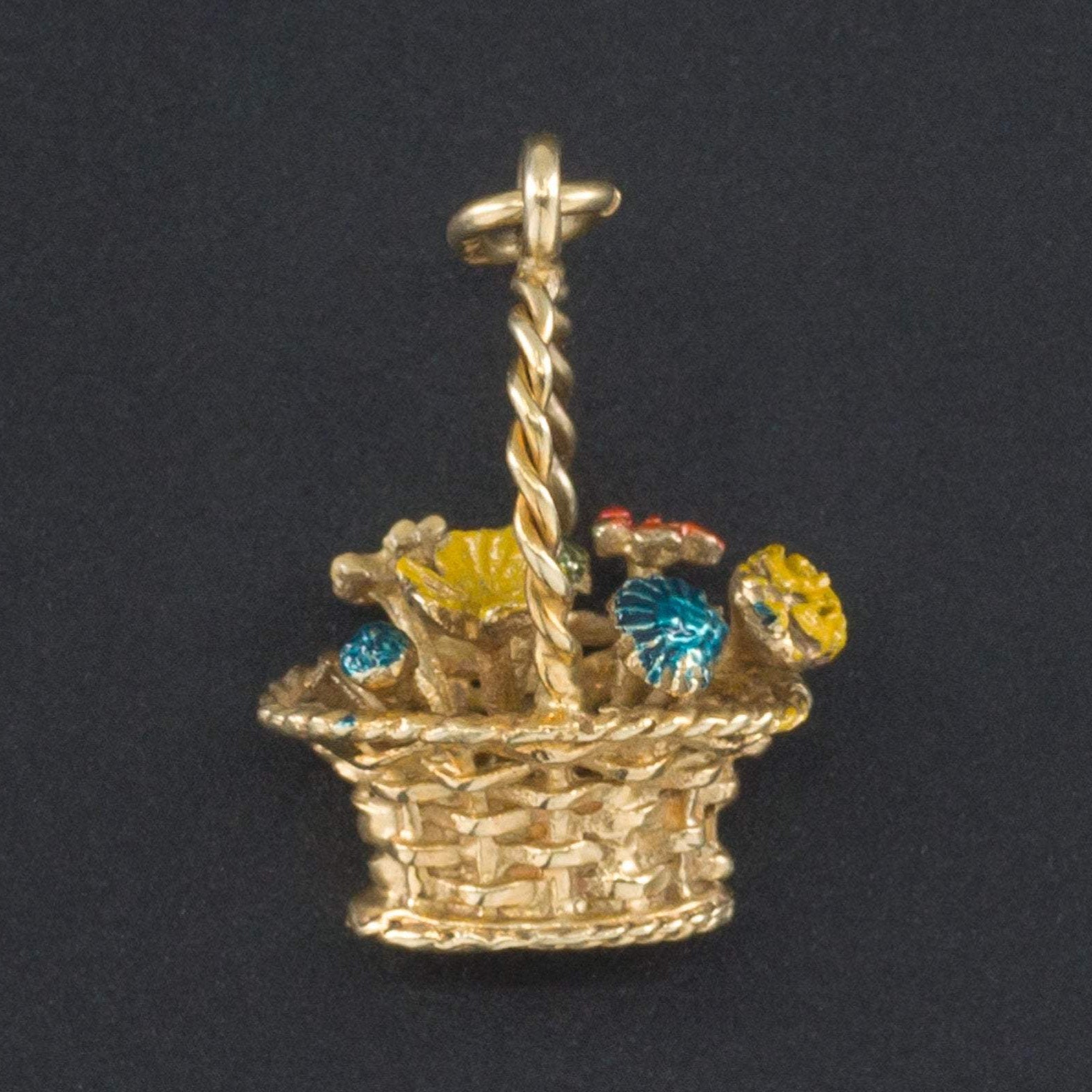 Enamel Flower Basket Charm | 14k Gold Charm - Trademark Antiques