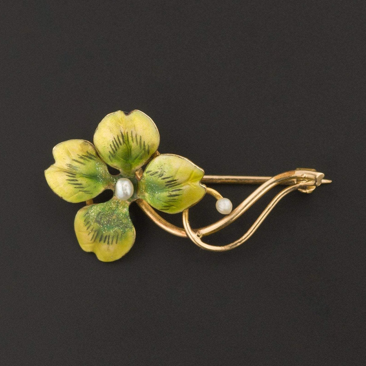 Enamel Four Leaf Clover with Pearl Brooch | 10k Gold Clover Brooch - Trademark Antiques