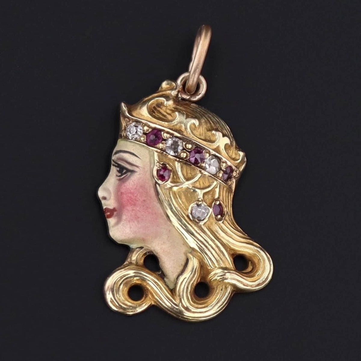 Enamel Lady Charm | Art Nouveau Woman Charm - Trademark Antiques