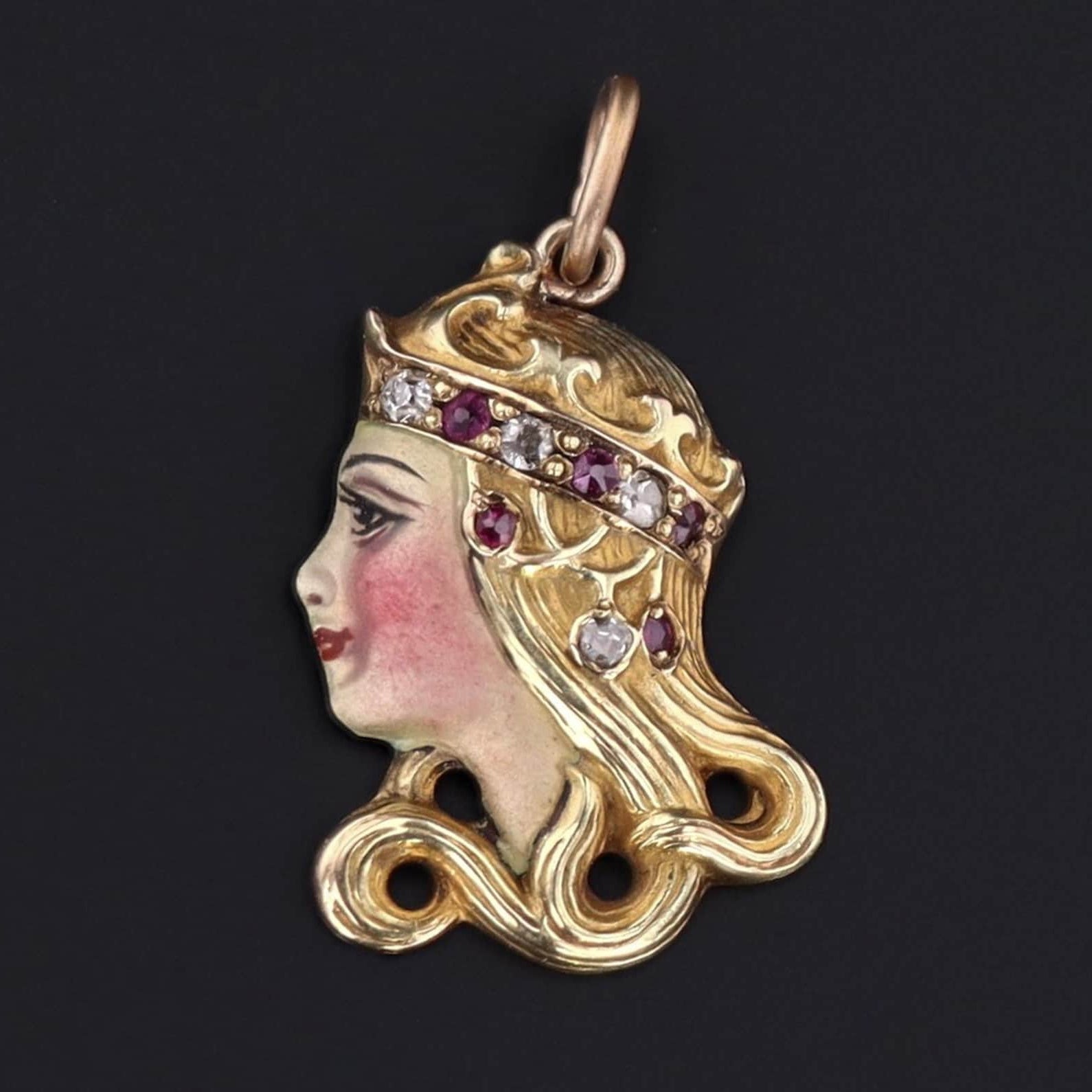 Enamel Lady Charm | Art Nouveau Woman Charm - Trademark Antiques