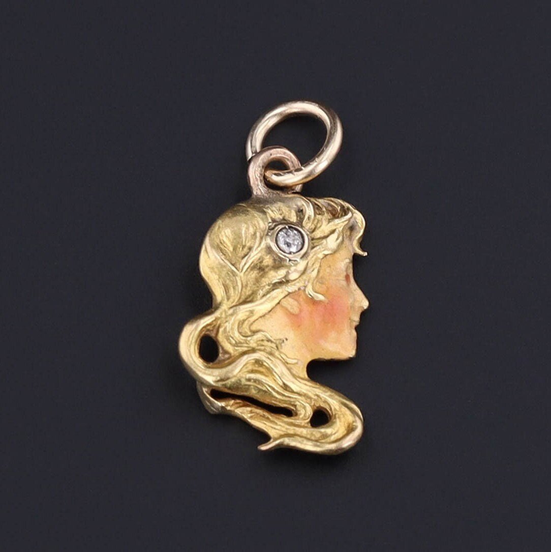 Enamel Lady Charm | Art Nouveau Woman Charm - Trademark Antiques