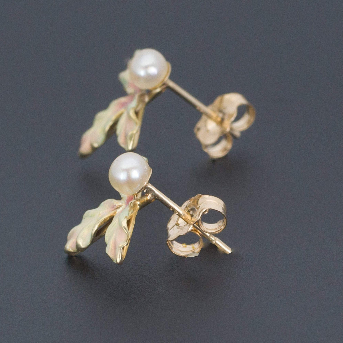 Enamel Leaf Earrings | Antique Pin Conversion - Trademark Antiques