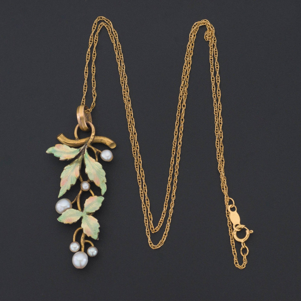Enamel Leaves Pendant | Enamel &amp; Pearl Pendant - Trademark Antiques