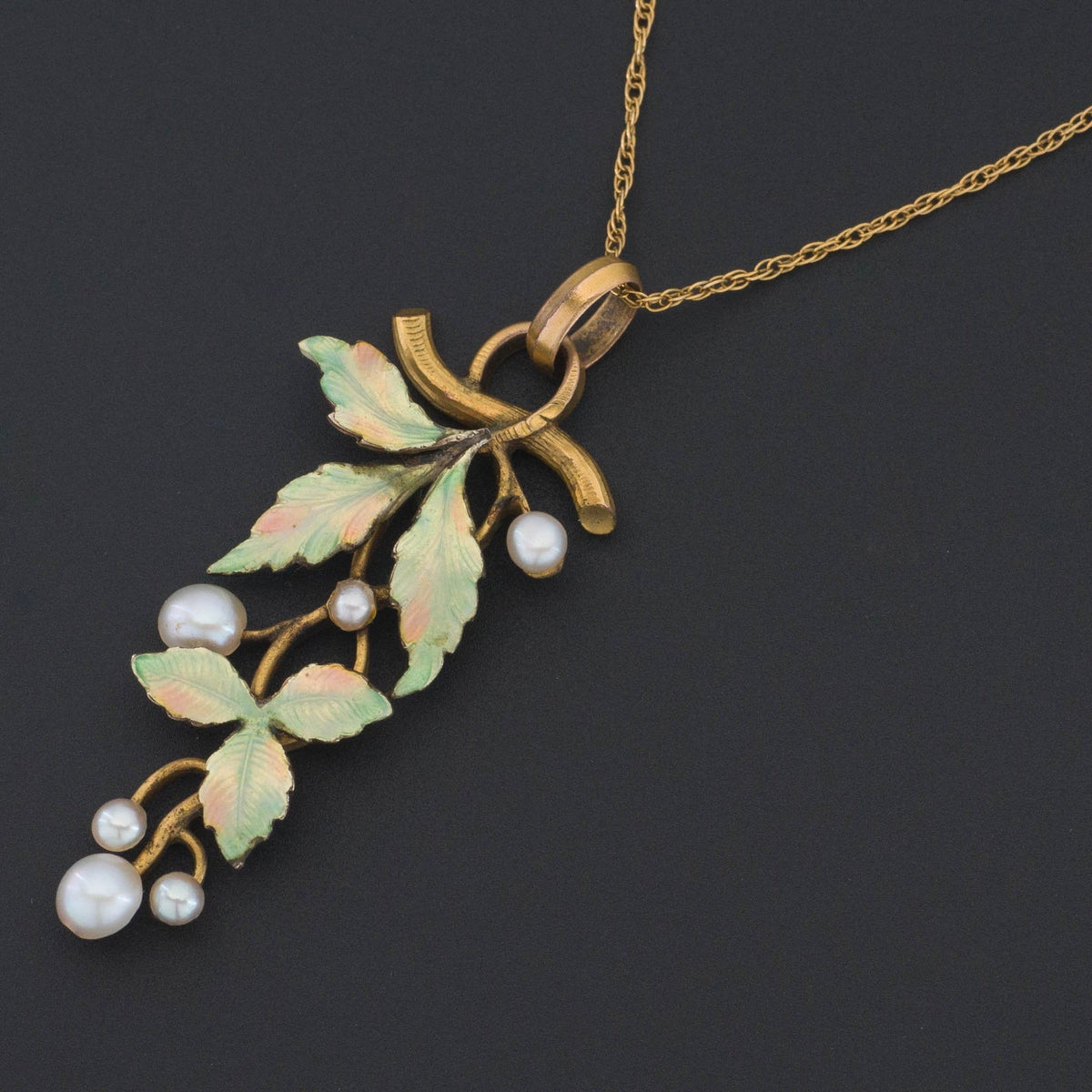 Enamel Leaves Pendant | Enamel &amp; Pearl Pendant - Trademark Antiques