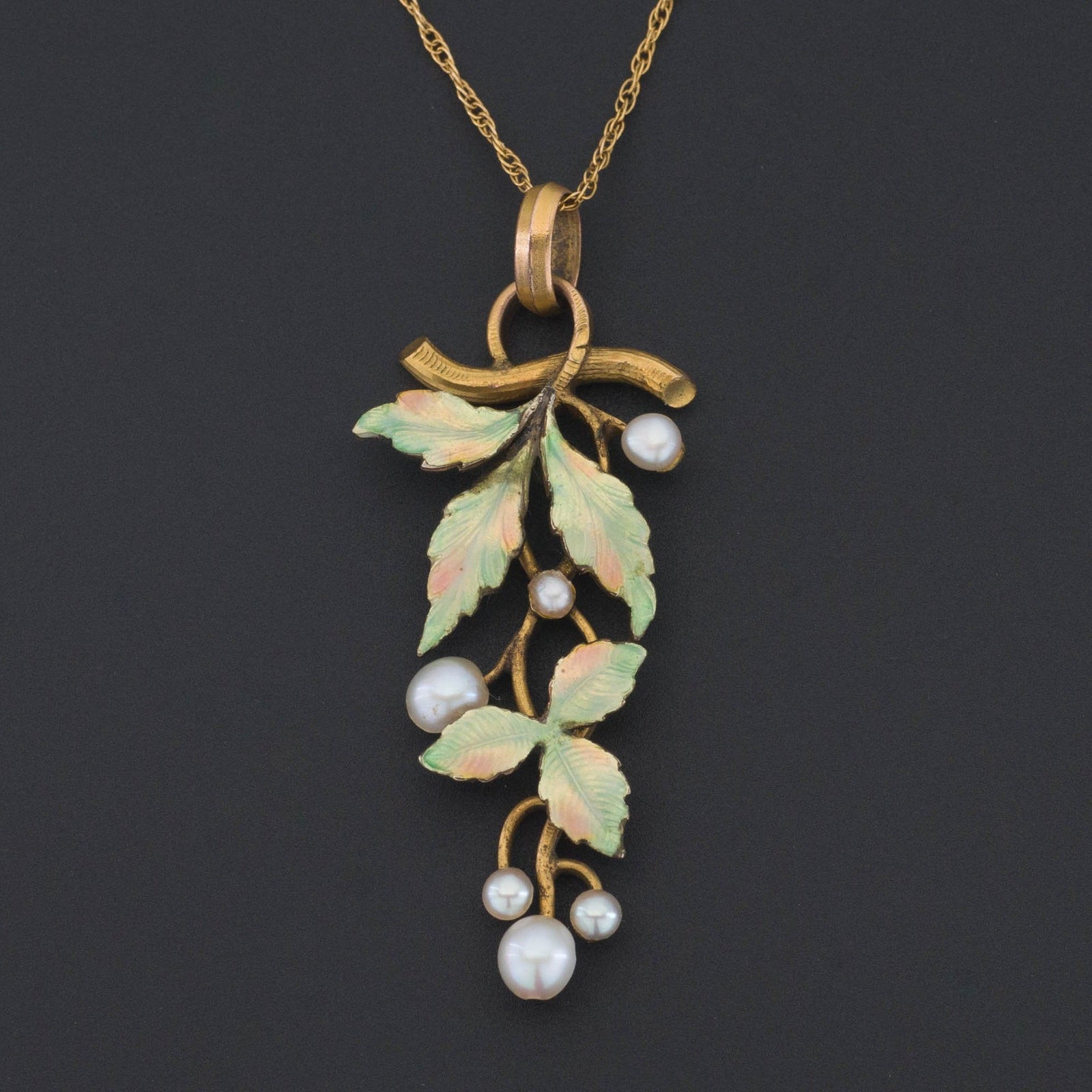 Enamel Leaves Pendant | Enamel & Pearl Pendant - Trademark Antiques