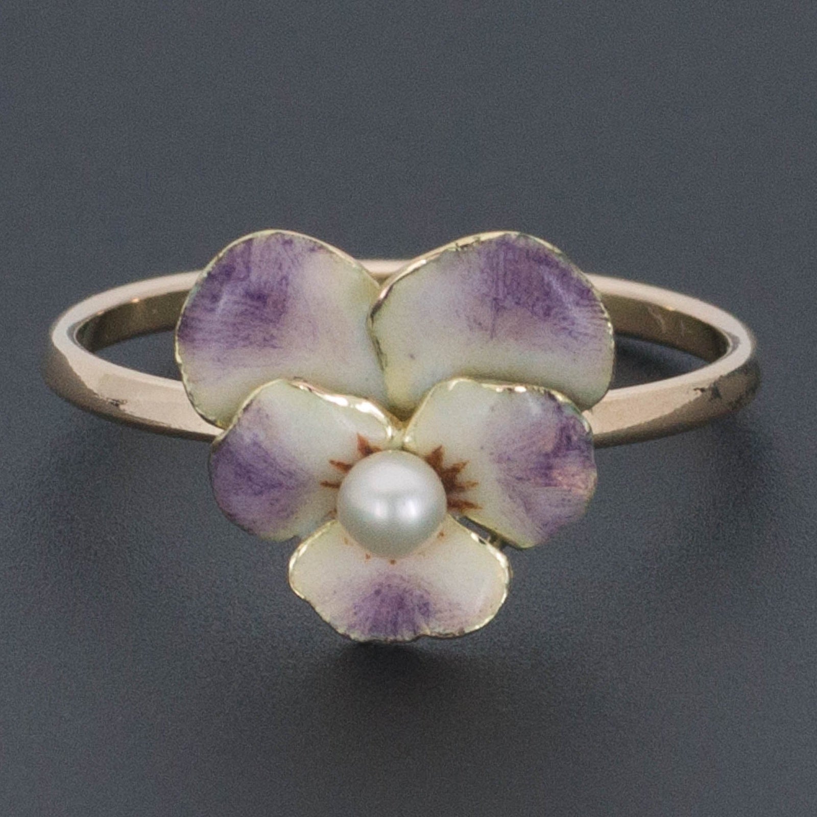 Enamel Pansy Ring | 14k Gold Pansy Ring - Trademark Antiques
