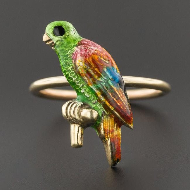 Enamel Parrot Ring | 10k Gold Parrot Ring - Trademark Antiques