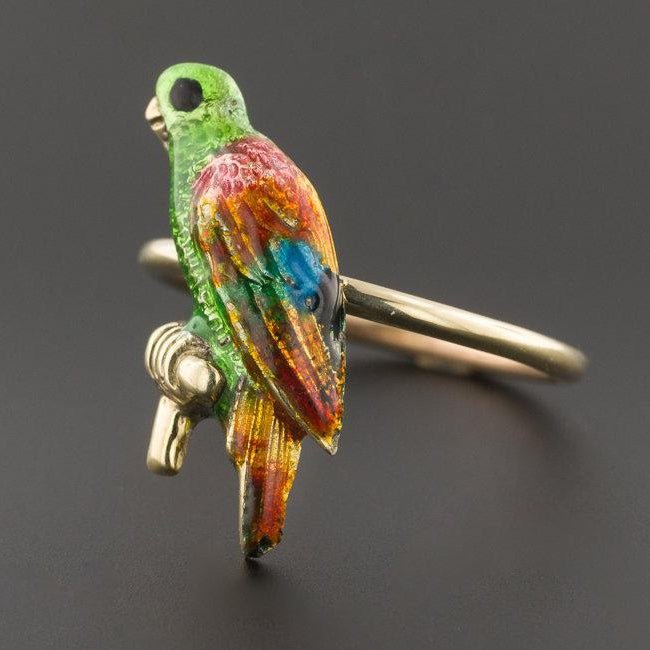 Enamel Parrot Ring | 10k Gold Parrot Ring - Trademark Antiques