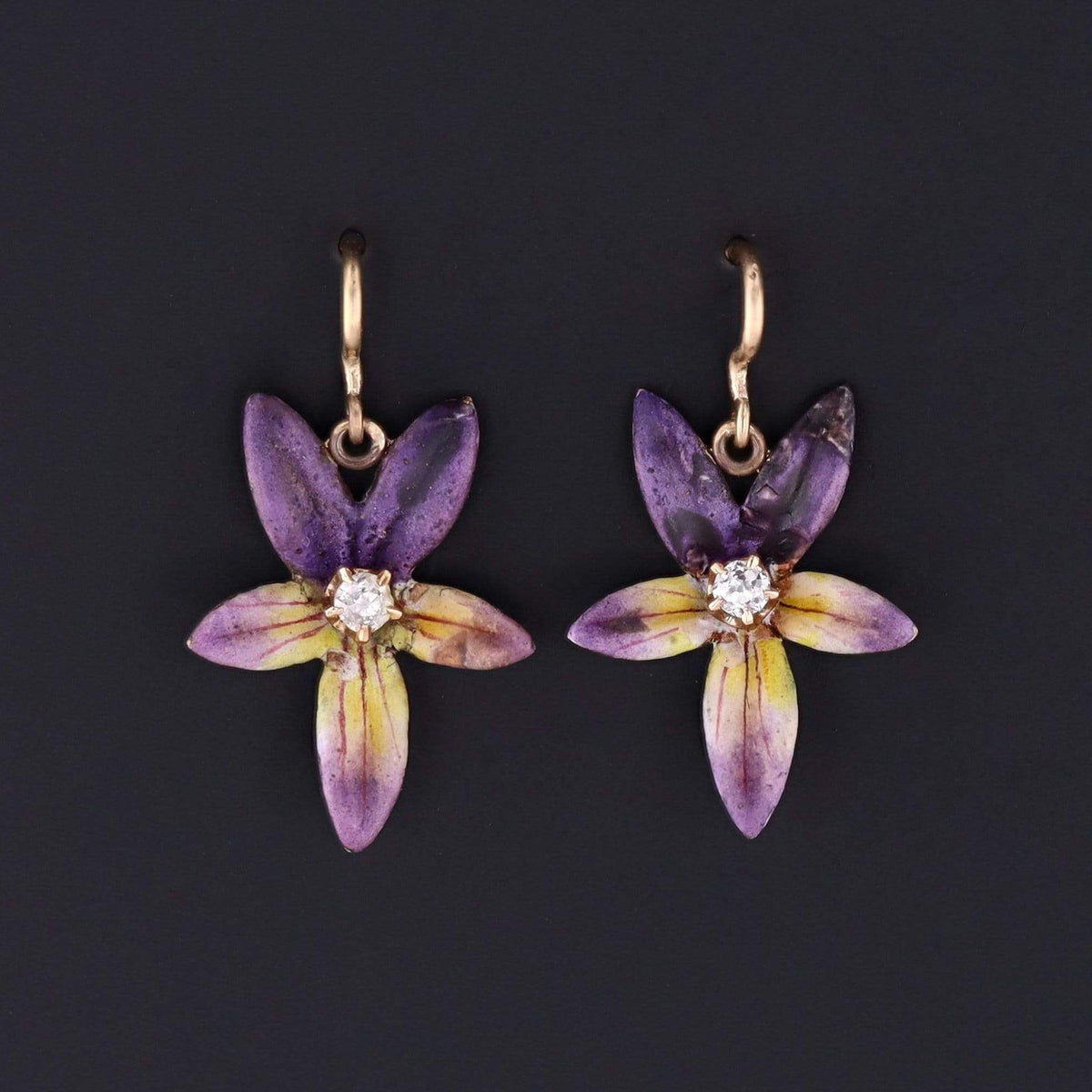 Enamel Violet Earrings | 14k Gold Flower Ring - Trademark Antiques