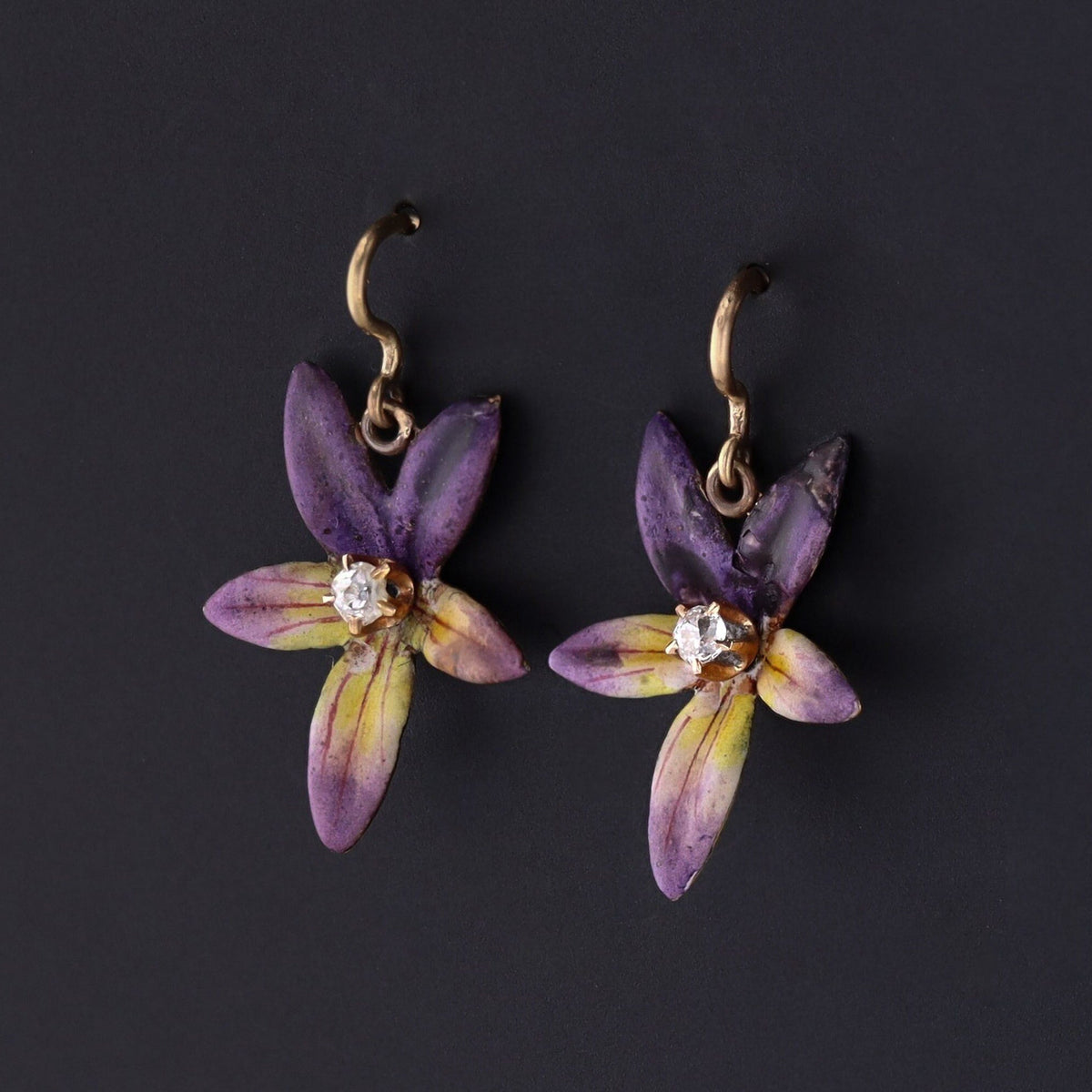 Enamel Violet Earrings | 14k Gold Flower Ring - Trademark Antiques