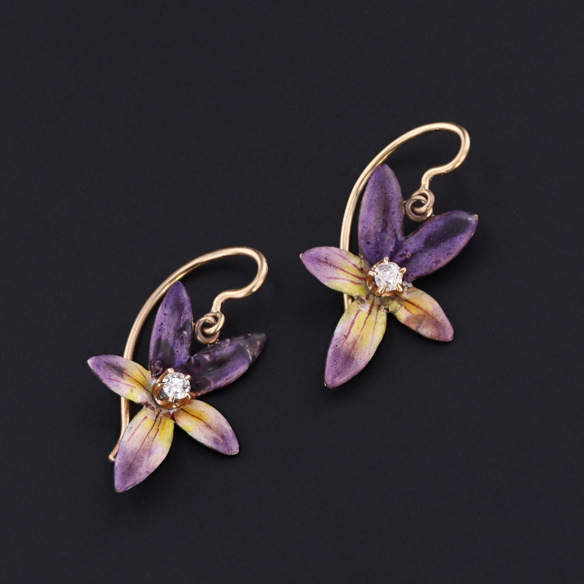 Enamel Violet Earrings | 14k Gold Flower Ring - Trademark Antiques