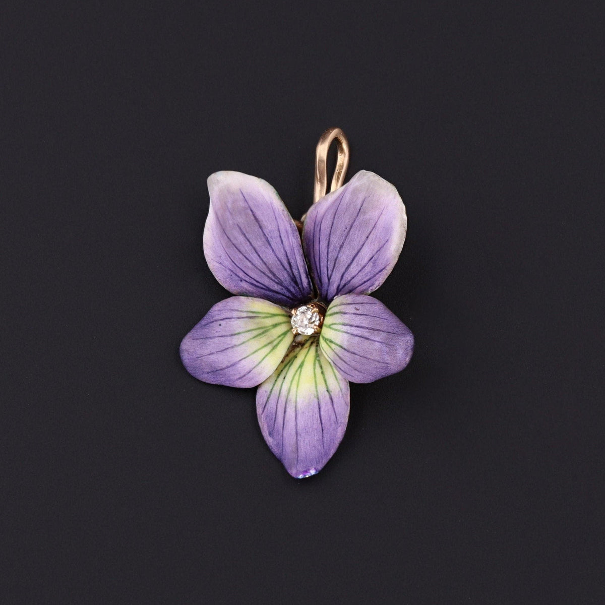 Enamel Violet Pendant | Antique Enamel Violet with Diamond - Trademark Antiques
