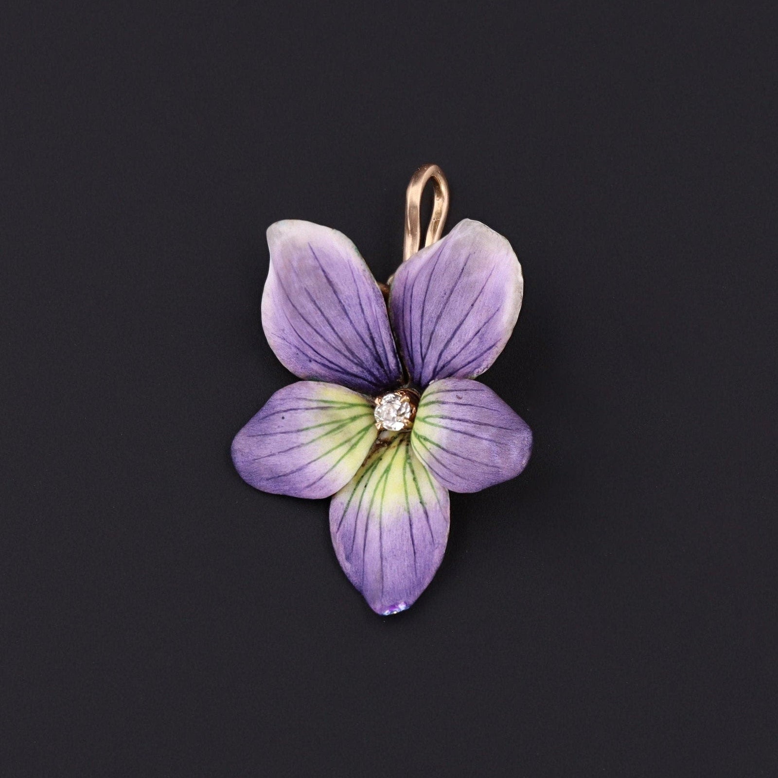 Enamel Violet Pendant | Antique Enamel Violet with Diamond - Trademark Antiques