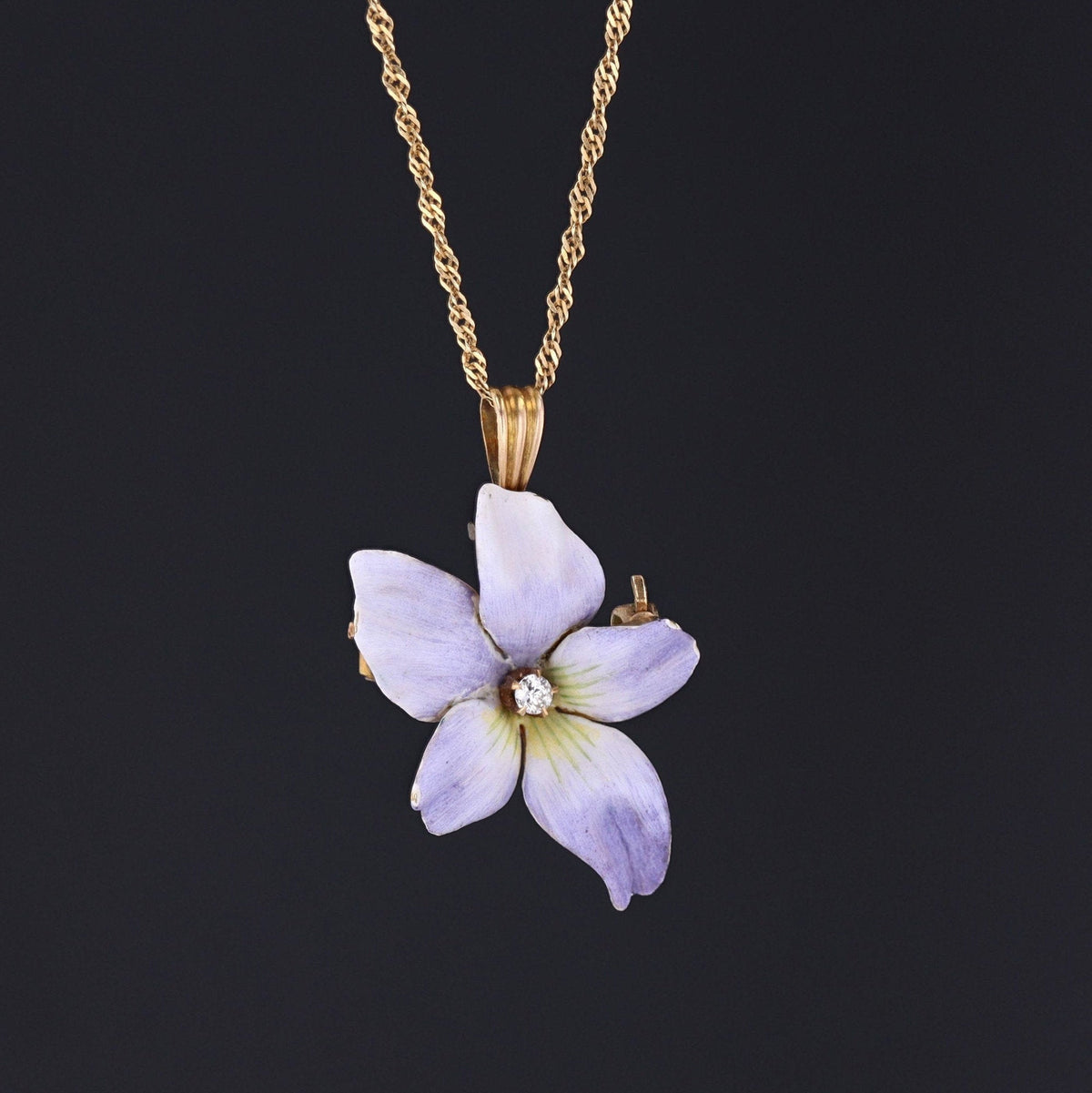 Enamel Violet Pendant or Brooch | Antique Enamel Violet with Diamond - Trademark Antiques